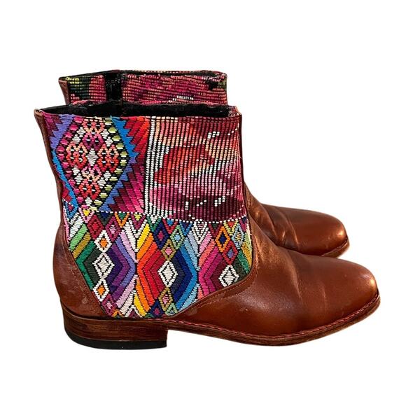 Artisan Handmade Leather Boots Guatemalan Huipil Textile Boho Ankle Boot - Picture 2 of 12